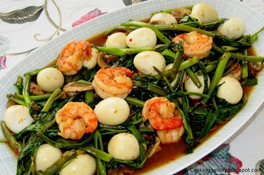 Water Spinach with Prawns and Quail Eggs
